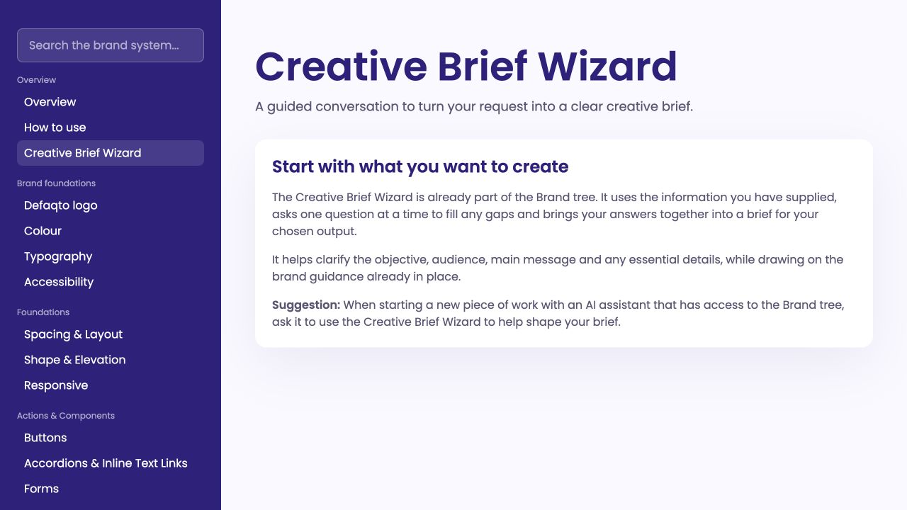 Defaqto Creative Brief Wizard guidance screen