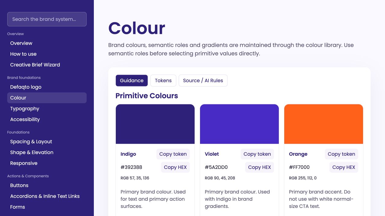 Defaqto brand hub Colour screen with brand colour swatches and guidance